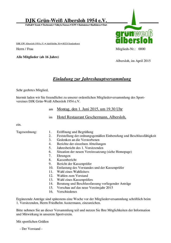 Einladung zur Jahreshauptversammlung am 1. Juni 2015...